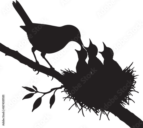 Black silhouette of a bird feeding its chicks in a nest on a branch vector
