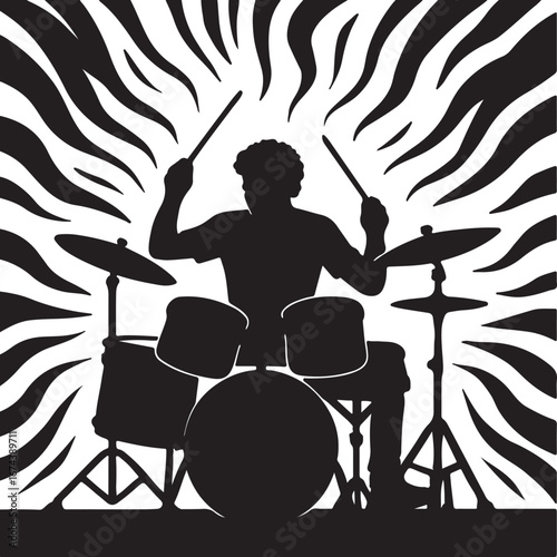 Black silhouette of a drummer playing drums with abstract black and white wavy lines background drum kit
