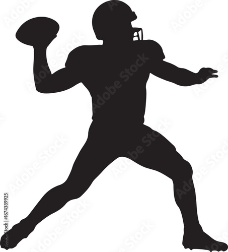Black silhouette of an American football quarterback throwing a pass football player