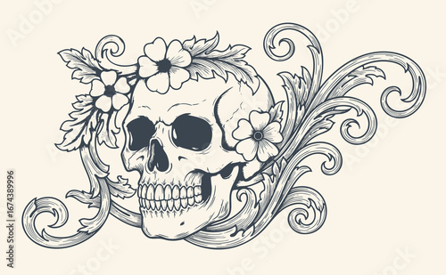 Detailed vintage skull illustration with floral decorations and ornate baroque elements, featuring elegant flourishes, curls, and patterns.