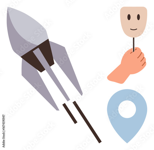 Rocket taking off beside a smiling mask held by a hand and location pin, symbolizing ambition, self-expression, direction, and progress. Ideal for success, identity, creativity, strategy leadership