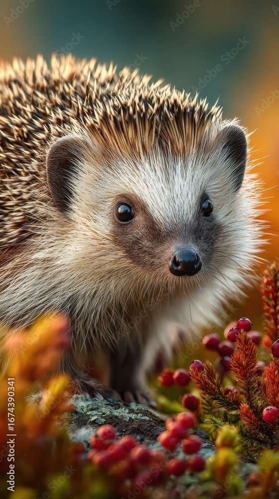 Fototapeta premium Curious hedgehog exploring a vibrant landscape filled with colorful flora during the golden hour