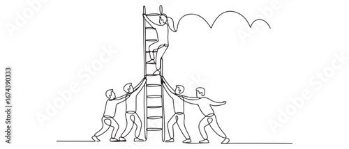 One continuous line drawing of team members support their leader to climb the ladder to reach the sky to reach the success. Vector black silhouette. with white background