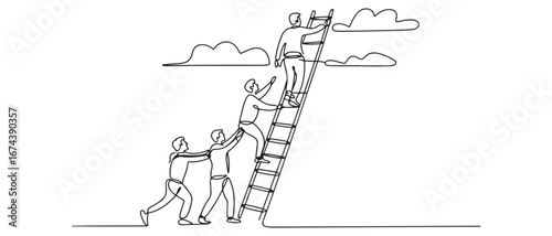 One continuous line drawing of team members support their leader to climb the ladder to reach the sky to reach the success. Vector black silhouette. with white background