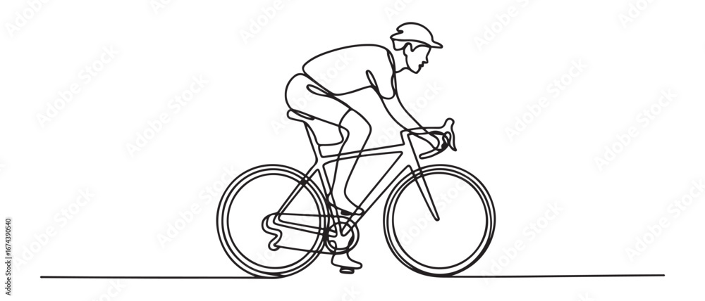 Obraz premium Single continuous line drawing of young agile man cyclist train to pedal cycling fast. Sport lifestyle concept. Vector black silhouette. with white background