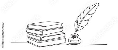 One continuous line drawing of stack of books, ink and quill pen on the office desk. Vintage writing equipment concept single line. Vector black silhouette. with white background