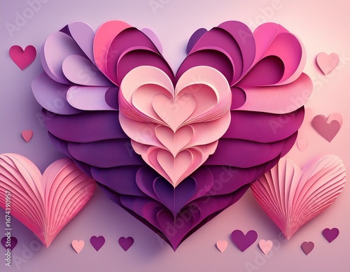 sekelompok hati kertas berwarna merah merah muda dan ungu disusun dalam formasi bertingkat dengan hati terbesar di atas dan yang terkecil di bawah