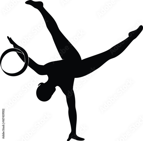 Black silhouette of a gymnast performing a handstand with a hoop on a white background gymnastics