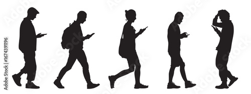 Silhouettes of walking men using phones on the go. 1 man with backpacks. Side view. Vector illustration isolated on white background.