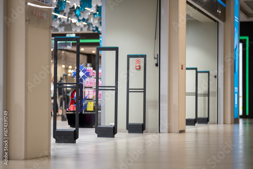 A clothing store security system with radio-frequency gates
