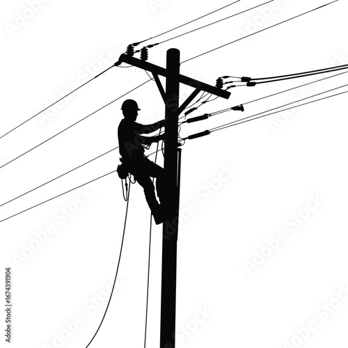 Silhouette of lineman climbing utility pole, repairing electrical wires, safety gear, harness, electricity maintenance, power line worker, black and white vector illustration