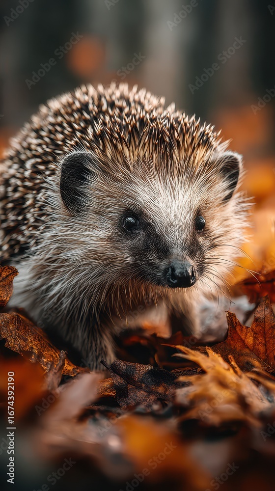 Fototapeta premium Hedgehog foraging among vibrant autumn leaves in a woodland setting