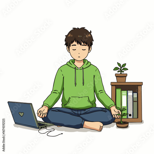 Young person meditating peacefully in a relaxed posture with eyes closed, finding calm amidst daily life.