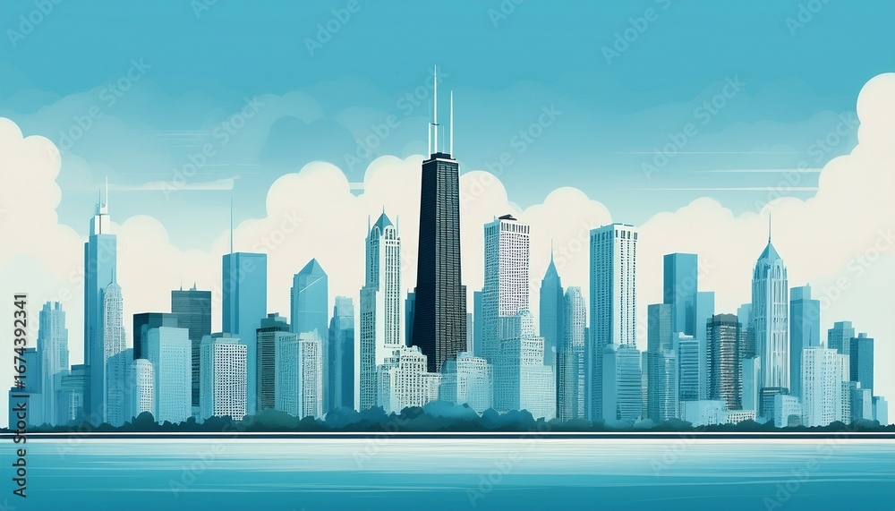 Naklejka premium stylized chicago skyline in soft blue hues ideal for backgrounds