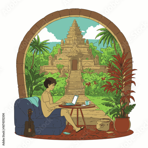 A person works remotely on a laptop in a tropical paradise with an ancient temple in the background.