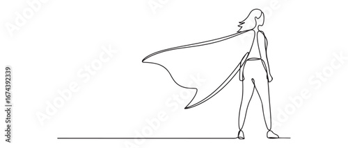 Single continuous line drawing superhero in cloak flutters in wind. Stands with her back. Successful businesswoman hero. Vector black silhouette. with white background