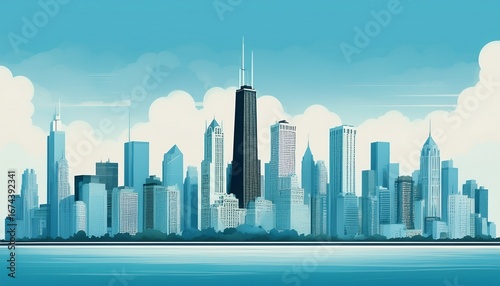 stylized chicago skyline in soft blue hues ideal for backgrounds