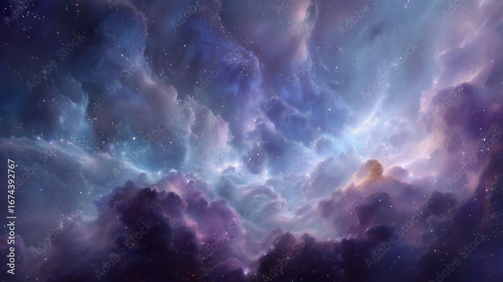 Fototapeta premium A cosmic abstract scene of a galaxy cloudburst with swirling violet tones and radiant energy. 