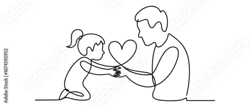 One line drawing of children giving love heart shaped to mother or father. Mom and dad loving care parenting concept. Vector black silhouette. with white background