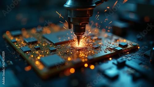 Robotic Soldering on AI Microchip – Futuristic Electronics Manufacturing