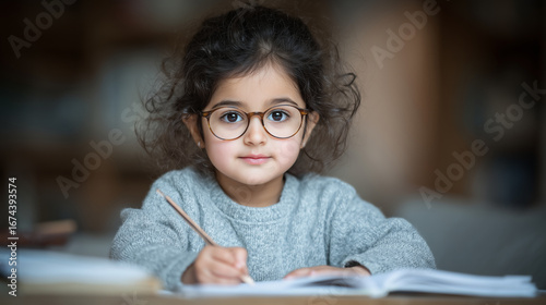 Little Indian girl with glasses studying at home using digital tablet, writing notes in notebook, online education concept.