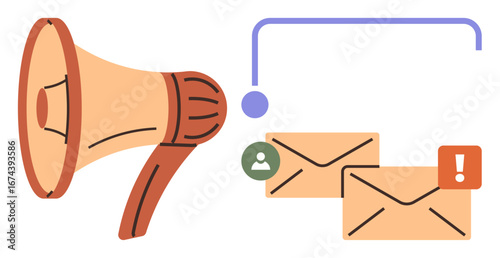 Megaphone with outgoing emails, user icon, and alert notification. Ideal for marketing, communication, email campaigns, user alerts, notifications messaging announcements. Simple flat metaphor