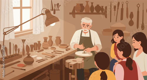 Vector illustration of an elderly potter demonstrating clay crafting techniques to a group of children and adults inside a traditional pottery studio.
