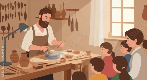 Vector illustration of an elderly potter demonstrating clay crafting techniques to a group of children and adults inside a traditional pottery studio.