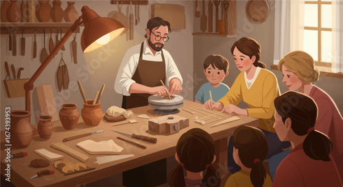 Vector illustration of an elderly potter demonstrating clay crafting techniques to a group of children and adults inside a traditional pottery studio.