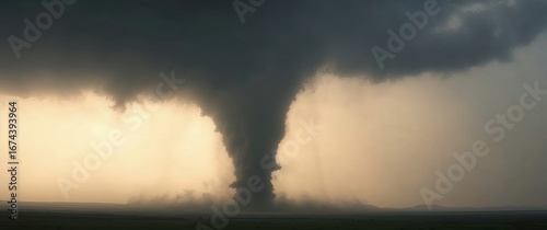 Large tornado touching down in open field at sunset
