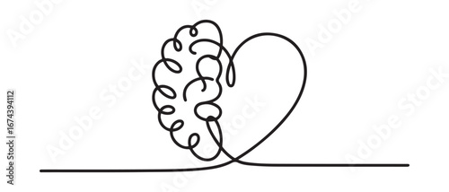 One continuous line drawing of half human brain and love heart shape logo icon. Psychological split affection logotype symbol template concept. Vector black silhouette. with white background
