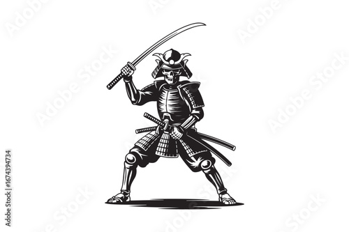 Warrior samurai in traditional armor with katana sword raised