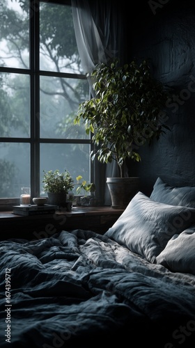 Cozy Bedroom With Soft Light and Plants Near a Window on a Rainy Morning