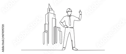 One continuous line drawing of young foreman manager controlling the construction of building. Vector black silhouette. with white background