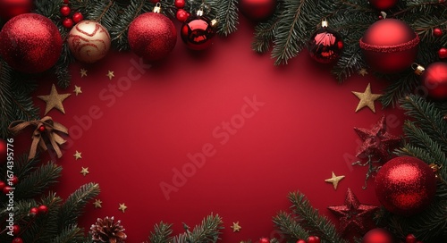 Festive Holiday Decorations With Red Background and Assorted Ornaments and Gr...