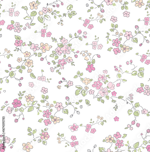 Seamless flower and strawberry pattern and background on white textile print etc