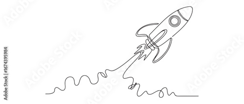 One continuous line drawing of simple retro spacecraft flying up to the outer space nebula. Rocket space ship launch into universe concept. Vector black silhouette. with white background