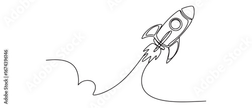 One continuous line drawing of simple retro spacecraft flying up to the outer space nebula. Rocket space ship launch into universe concept. Vector black silhouette. with white background
