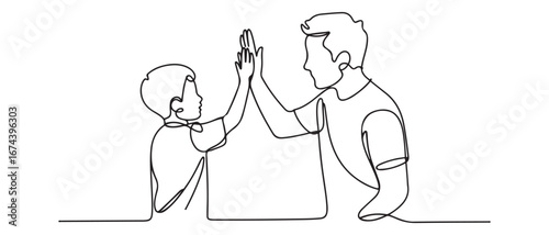 Single continuous line drawing of young dad giving high five gesture to son for success school achievement, parenthood time. Vector black silhouette. with white background