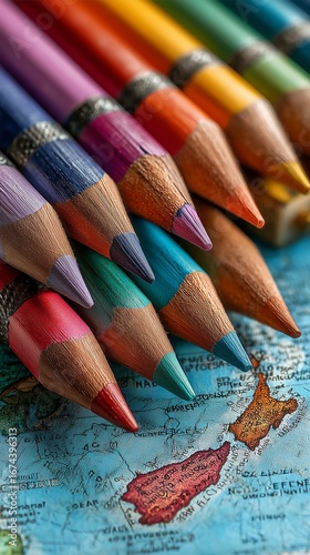 Colorful Pencils Arranged Over a Vintage World Map Showcasing Vibrant Hues an...
