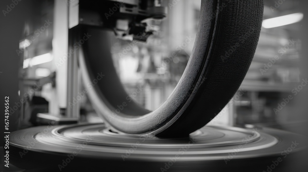 Fototapeta premium Medium shot highlighting the durable material texture of a 3Dprinted tire prototype on a rotating platform with the tire crisp and the surroundings softly blurred.