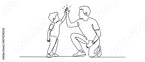 Single continuous line drawing of young dad giving high five gesture to son for success school achievement, parenthood time. Vector black silhouette. with white background