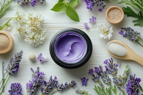 Lavender Cream Surrounded by Fresh Lavender and White Flowers on a Wooden Sur...