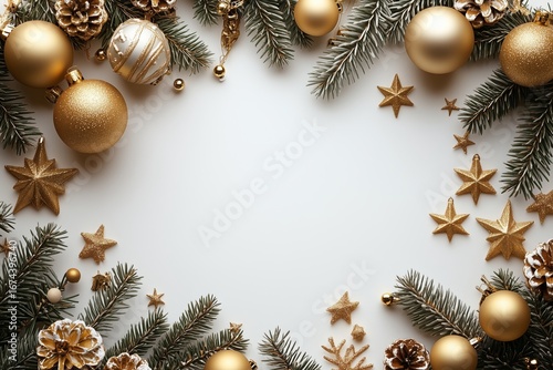 Holiday Decorations With Gold Ornaments and Evergreen Branches Arranged on a ...