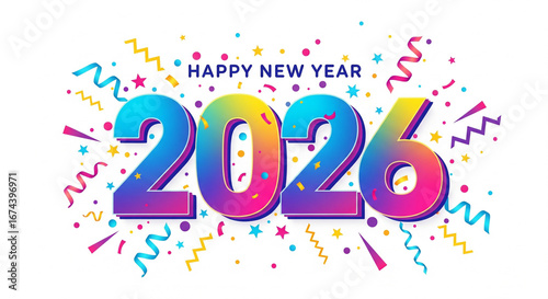 A fun and colorful Happy New Year 2026 banner with confetti, streamers, and bold vibrant numbers in a festive design