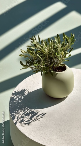 Green Plant in a Round Pot Casting Shadows on a Light Surface