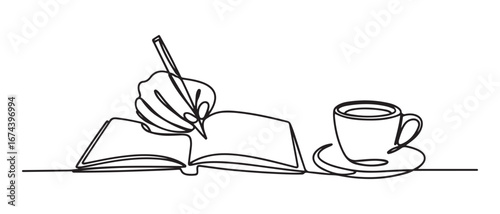 Single continuous line drawing of hand gesture writing on an open book beside a cup of coffee at work desk. Vector black silhouette. with white background