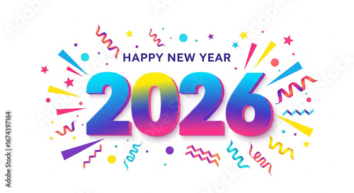 Bright, colorful, festive 2026 Happy New Year banner with confetti and streamers, representing celebration, fun, and excitement on a white background