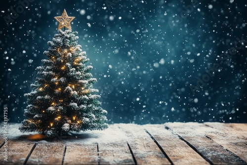 Snow Falls Gently Around a Decorated Christmas Tree on a Wooden Surface in Wi...