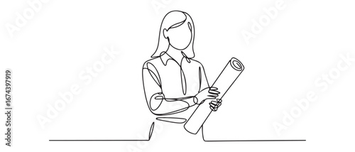 Single continuous line drawing of young female architect holding blueprint paper pose cross arms. Professional work job occupation. Vector black silhouette. with white background